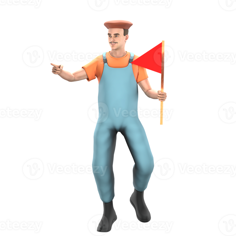 Professional Male Painter in 3D Animation. A male painter stands with his right hand pointing at something while his left hand carries a red flag. Artistic Model png