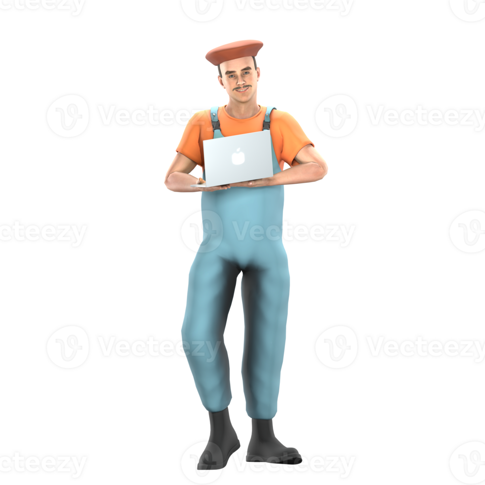 3D Artistic Painter Male. A male painter stands with both hands carrying a laptop in front of his chest. Professional Model png