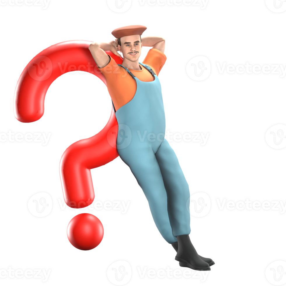 Professional Painter in 3D. A male painter is leaning casually on a big red question mark with both hands behind his head and both legs crossed. Male Model png