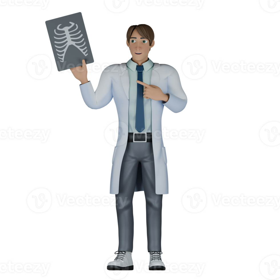 3D Doctor Male in Professional Setting. A male doctor stands with his right hand holding an X-ray result while his left hand points at the X-ray result using his index finger. Healthcare png
