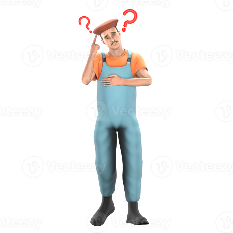 A male painter stands with a confused look, the index finger of his right hand points to his head while his left hand is in front of his chest, above his head there is a red question mark. 3D Art png