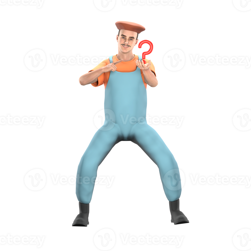 Cartoon Professional Painter. A standing male painter appears to be holding a red question mark in his hand, with a slightly hunched pose and a curious expression. 3D Male Model png