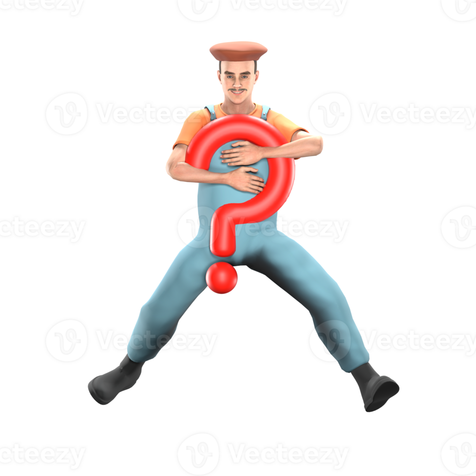 Artistic 3D Cartoon. A male painter is jumping with both hands holding a red question mark in front of his chest. Male Painter Model png
