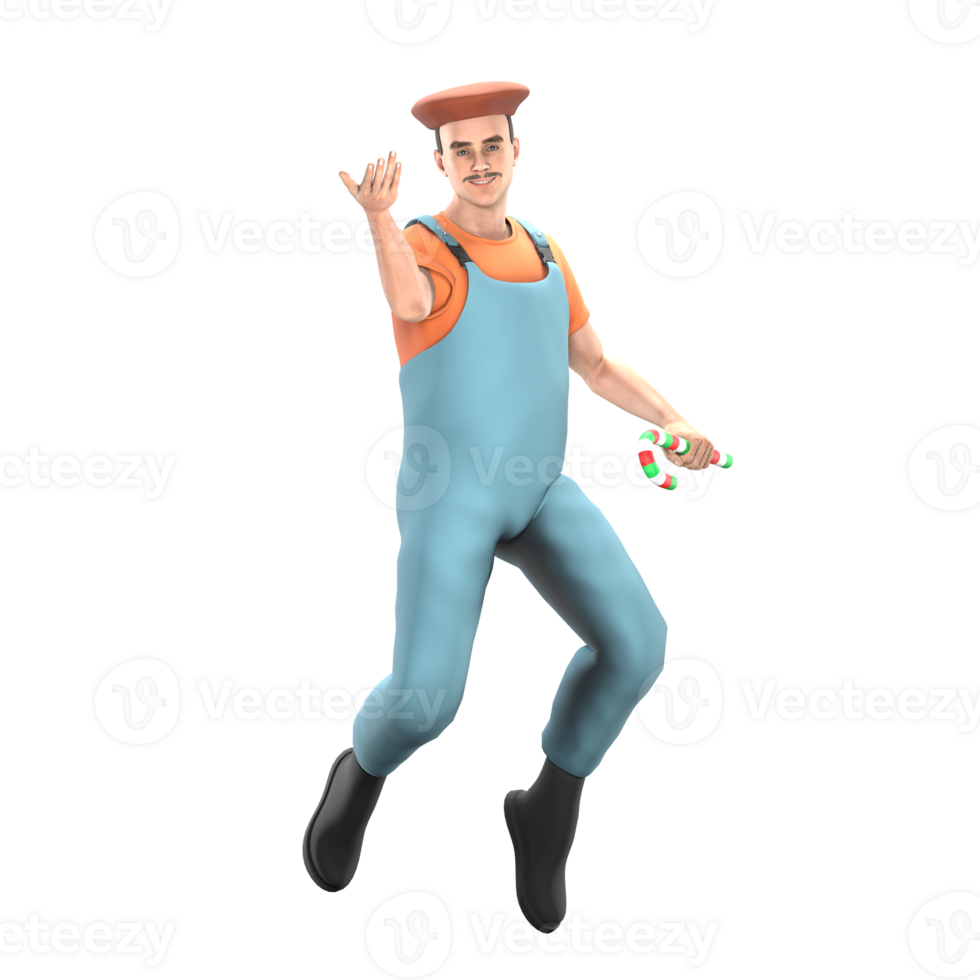 Male Painter 3D Cartoon. A male painter jumps with his hand raised as if throwing something and holds a red, green, and white candy cane in his other hand. Professional Artistic Model png