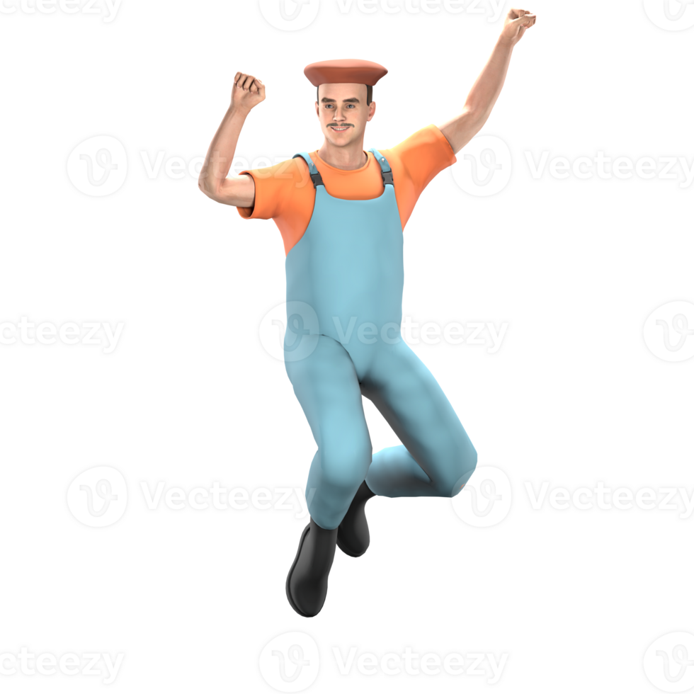 Illustrative 3D Male Painter. A male painter jumps excitedly with both fists clenched upwards. Professional Model png