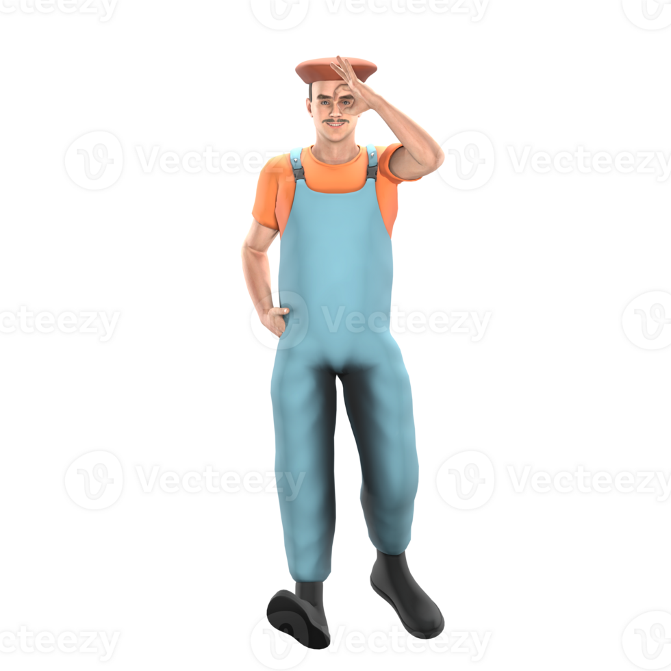 3D Artistic Enforcement Male Painter. A male painter is walking with his right hand in his trouser pocket while his left hand is raised to form an okay symbol in front of his face. Professional Model png