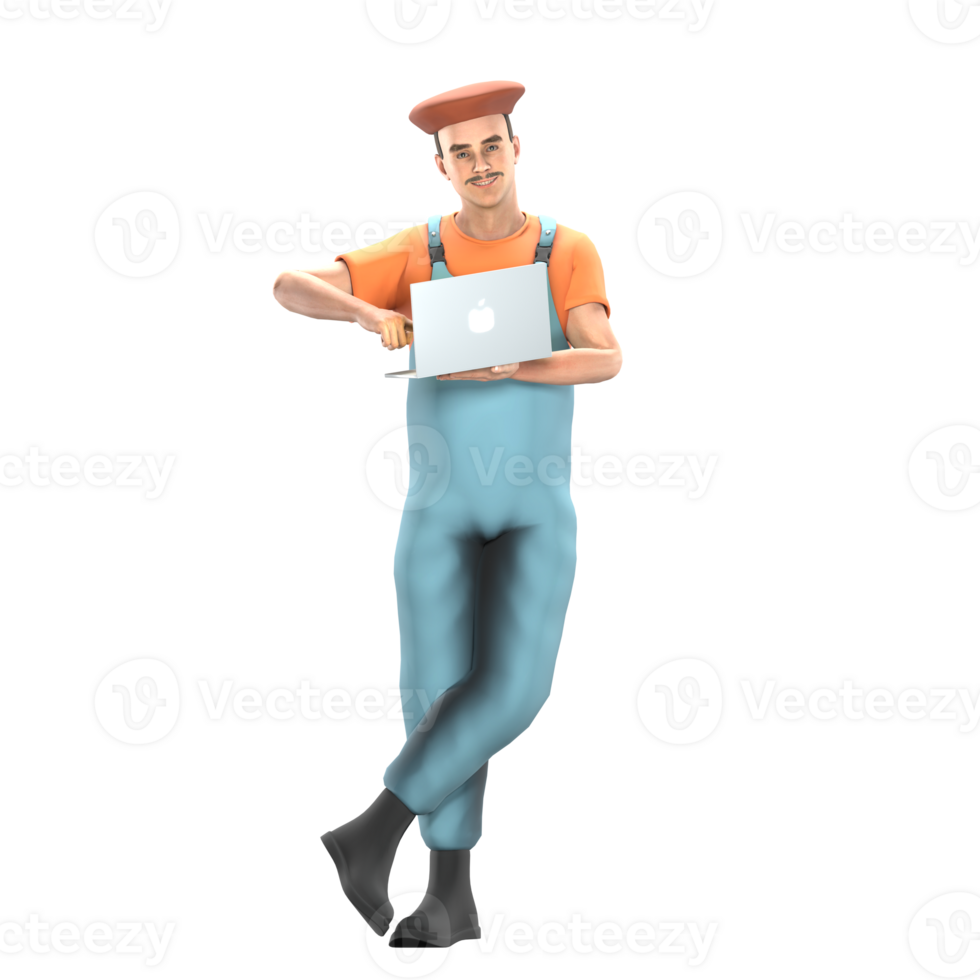 Male Painter in Artistic 3D. A male painter stands with both legs crossed while his right hand carrying a laptop. Professional Character Model png