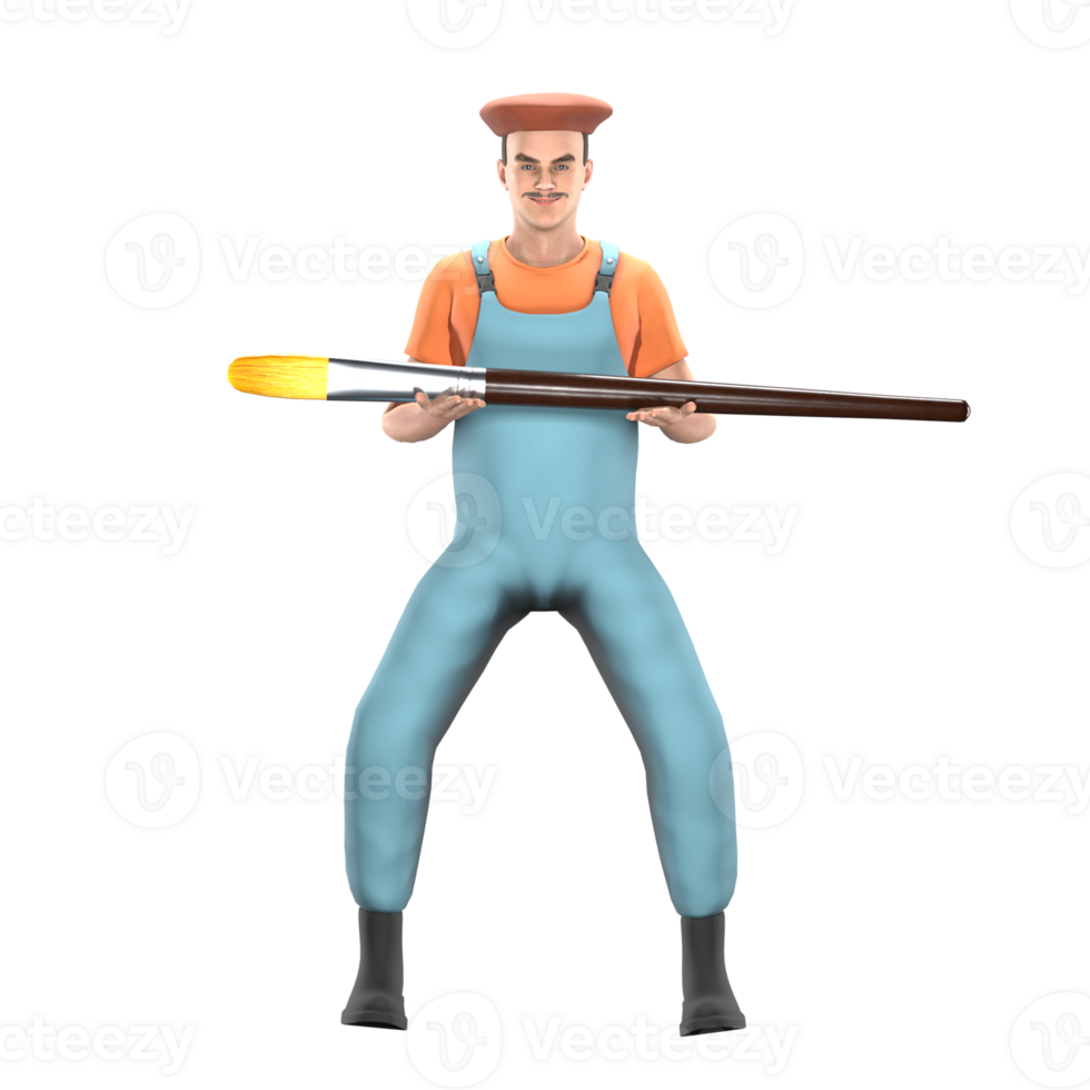 Illustrated Artistic Expert. A male painter stands in a horse stance while both hands hold large paint brushes. 3D Male Painter png