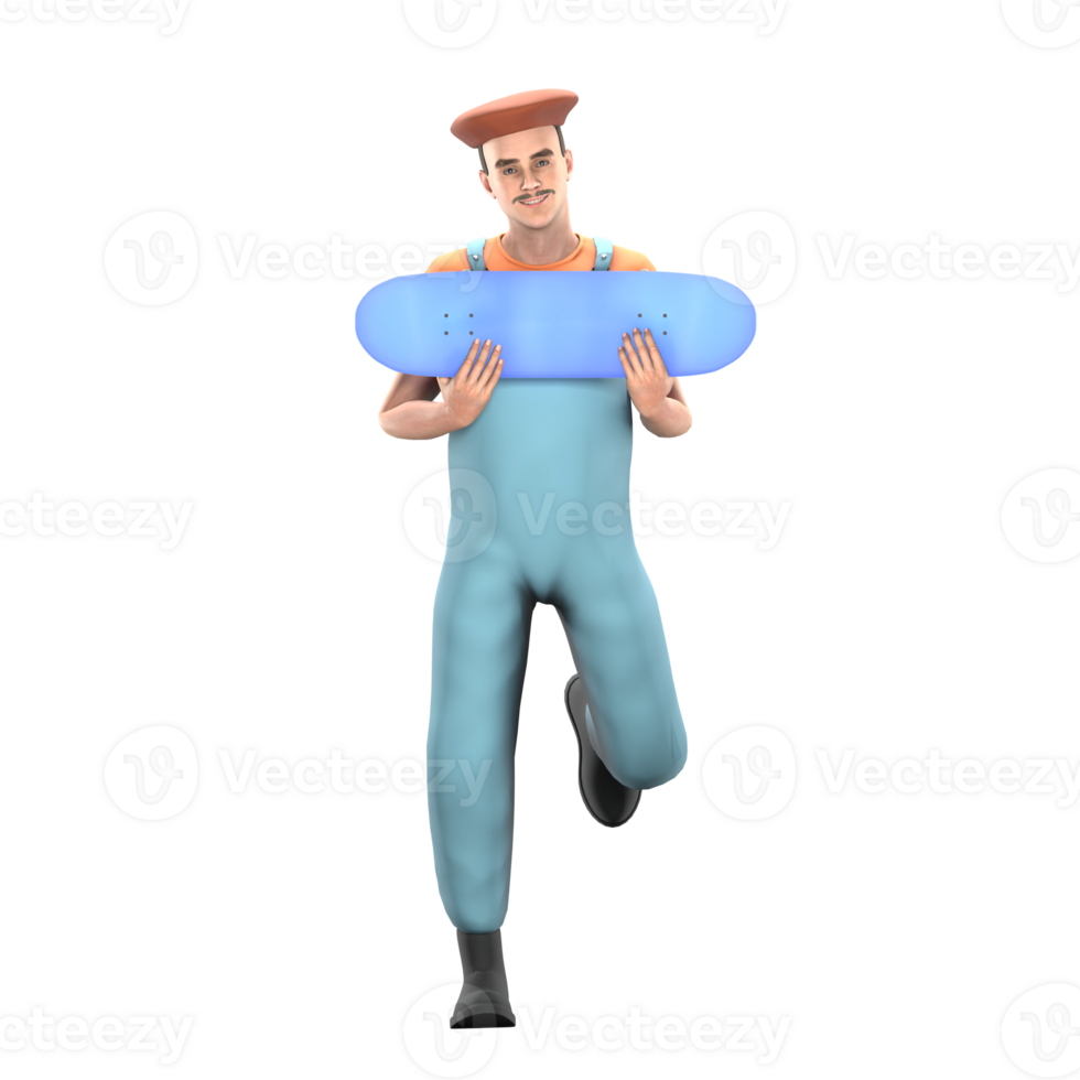 A male painter runs with both hands holding a skateboard in front of his chest. 3D Male Painter Model png