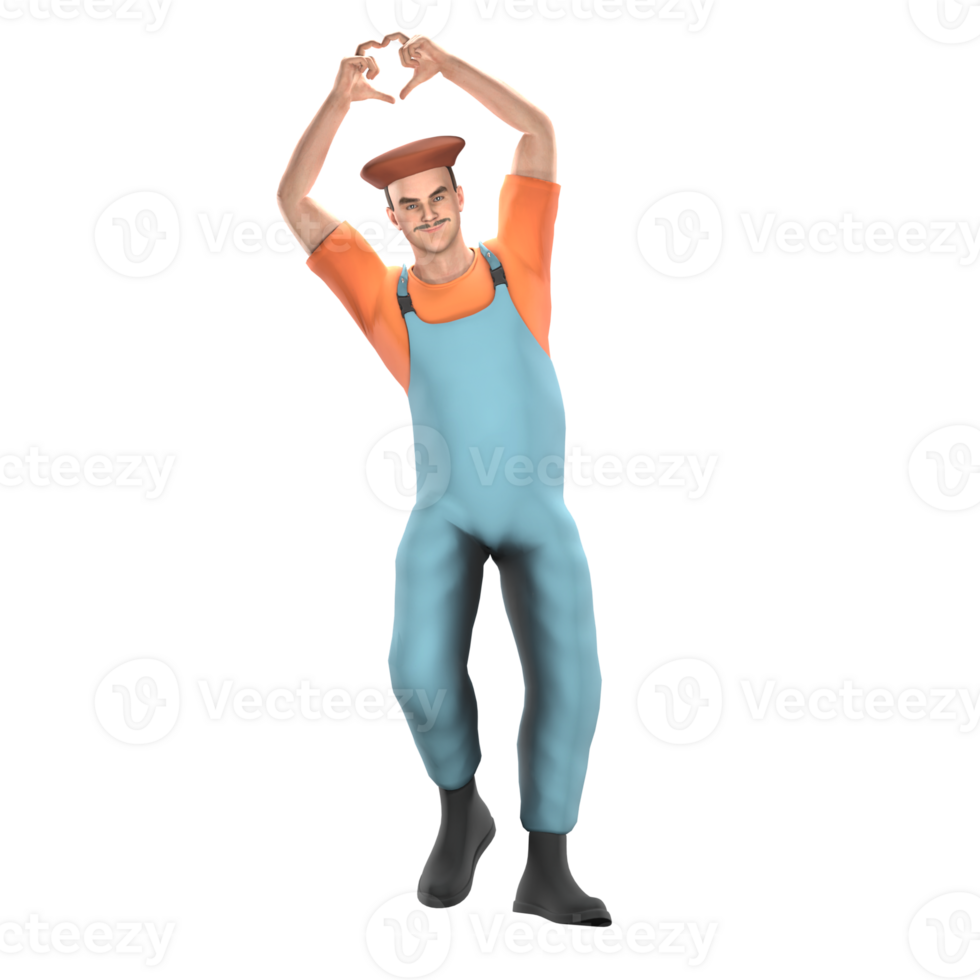 3D Male Artistic Painter. A male painter stands, both hands raised up with both thumbs and index fingers forming a love symbol. Cartoon png