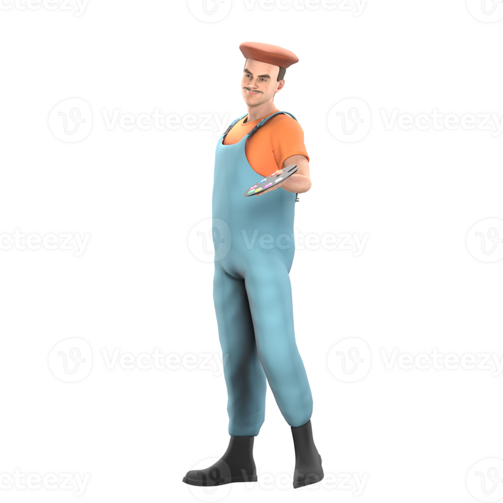 Professional Male in Painting. A male painter stands with his left hand holding a painting palette while his right hand is bent behind his body. 3D Cartoon Model png
