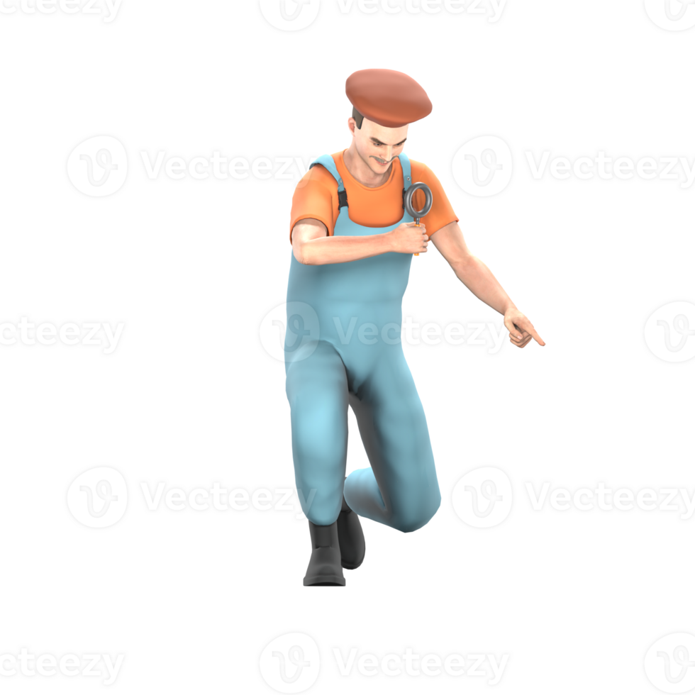 Professional 3D Art Painter. A male painter kneels slightly with his right hand holding a magnifying glass magnifier while the left hand points to something. Male Model png