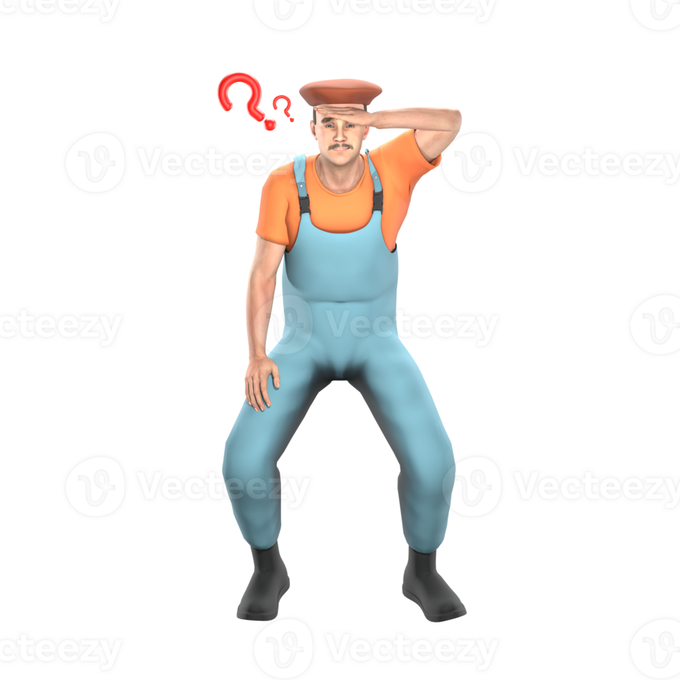 3D Cartoon of Male Painter. A male painter looks confused with his left hand raised to his forehead while his right hand is on his knee, beside his head there are two red question marks png