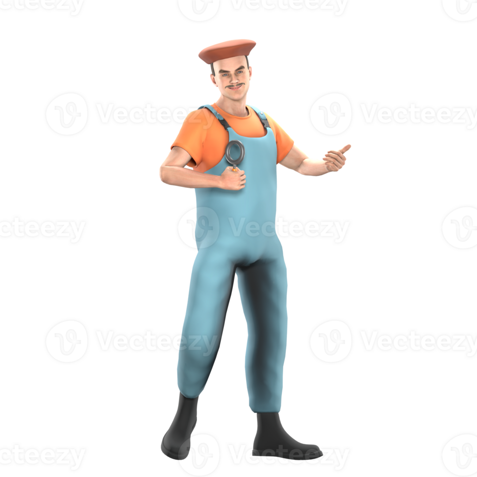3D Male Painter in Studio. A male painter stands with his right hand holding a magnifying glass while his left hand points to the left. Professional Character png