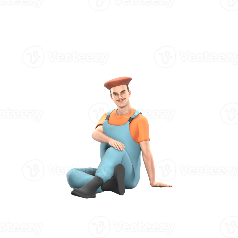 Male Artistic Painter 3D. A male painter sits on the floor with his right hand on his left knee while his left hand holds the floor. Professional png