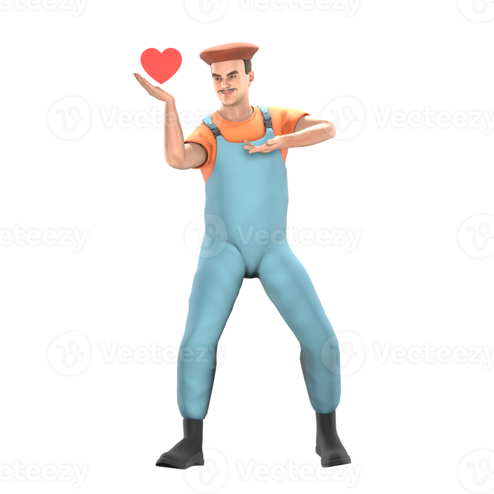 A male painter stands with his right hand raised as high as his shoulder and above his palm there is a love symbol while his left hand is in front of his chest with his palm facing up png