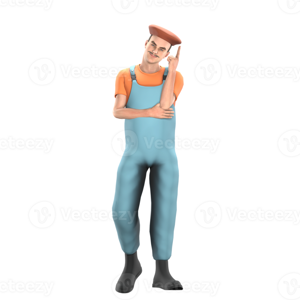 Male Painter in Art Setting. A male painter stands with his right hand under his left hand which is pointing to a hat. 3D Character Cartoon png