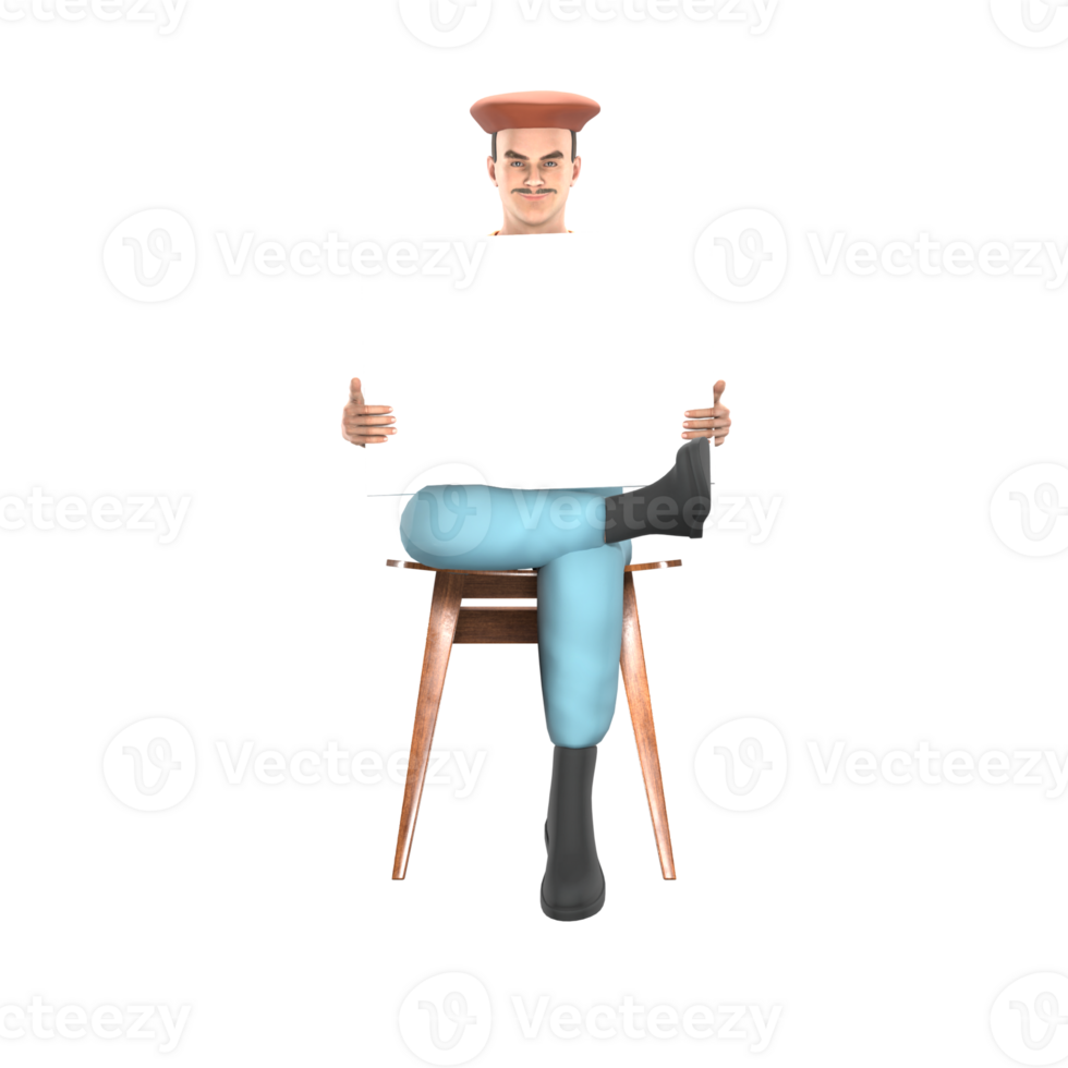 Illustrative 3D Male Painter. A male painter sits carrying painting canvas with both hands while the right foot is on the left foot. Art Leader Cartoon png