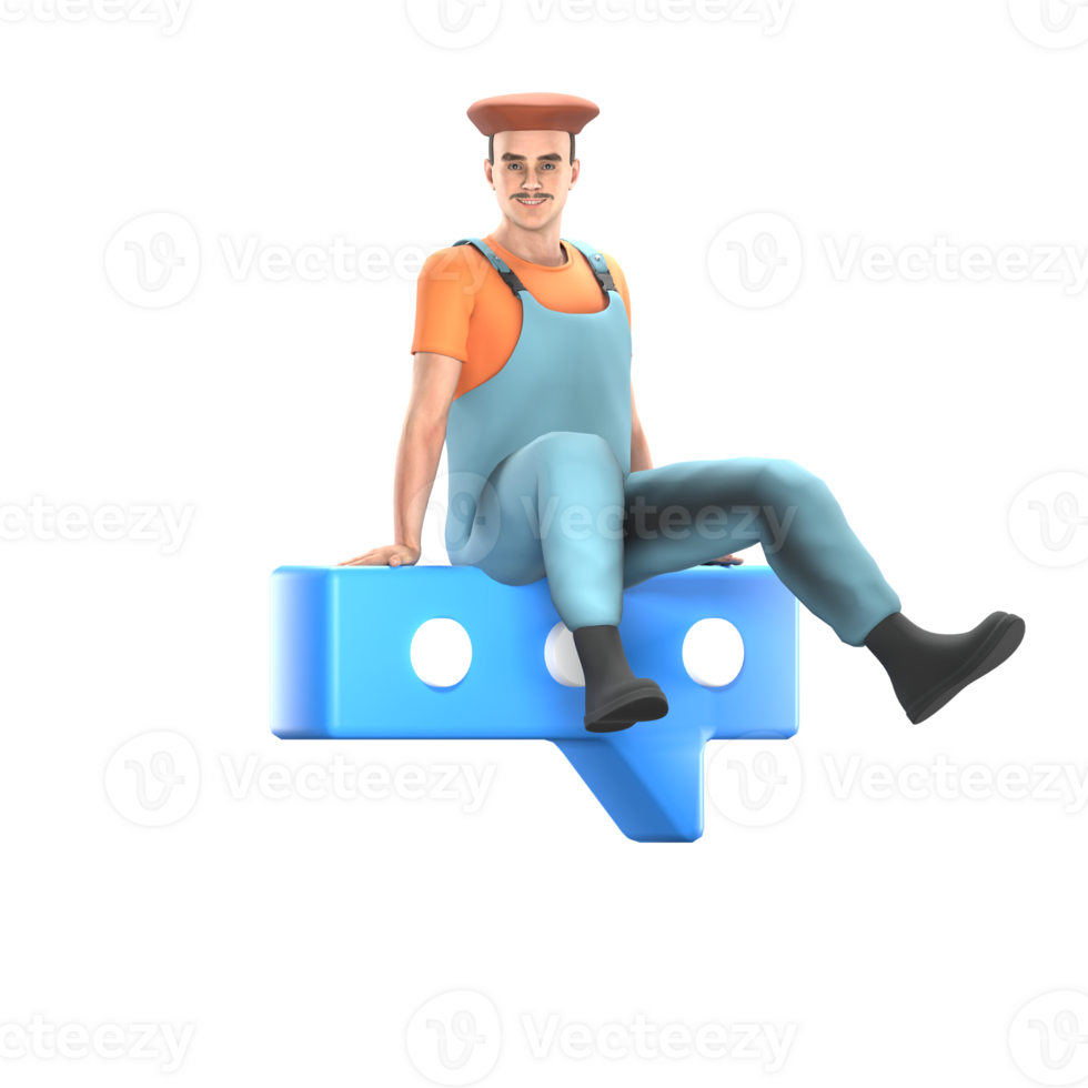 Artistic Male Painter. A male painter is sitting casually on a blue dialog icon with three dots inside. 3D Professional Character Model png