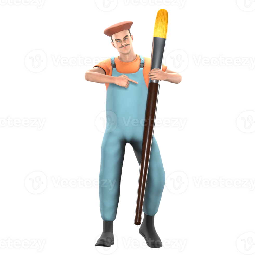 3D Model of Male Painter. A male painter stands with his left hand holding a large paintbrush while his right hand points to the paintbrush. Professional Art Character png