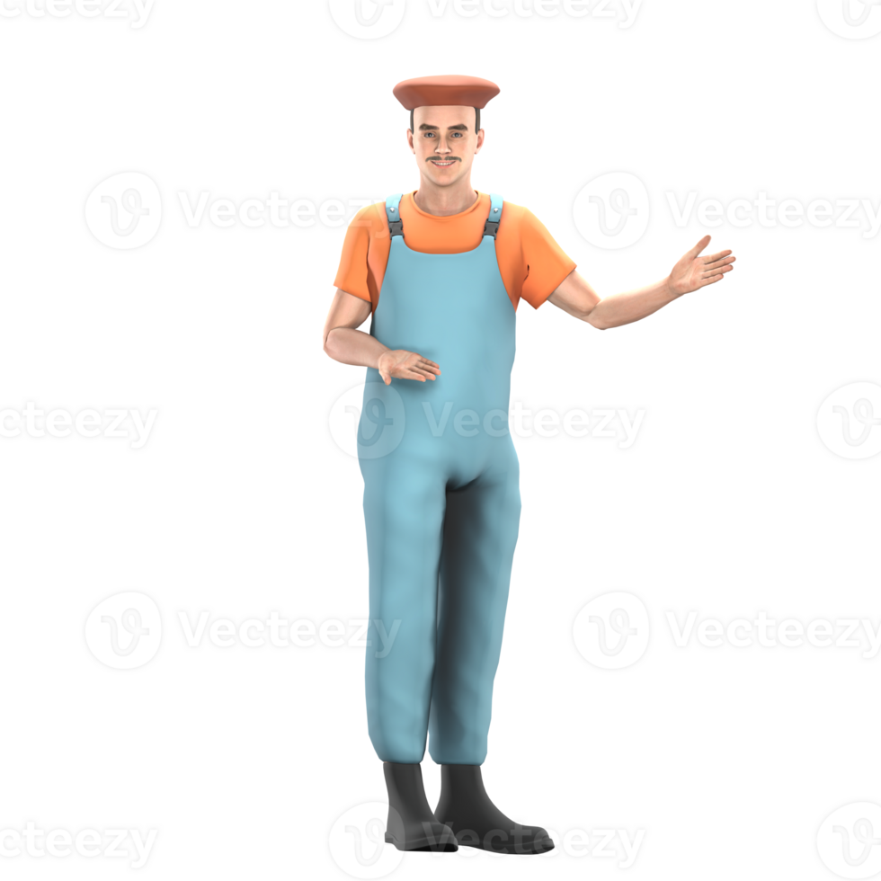 of 3D Male Painter. A male painter stands with one hand pointing forward, as if introducing or explaining something. Professional Cartoon Model png