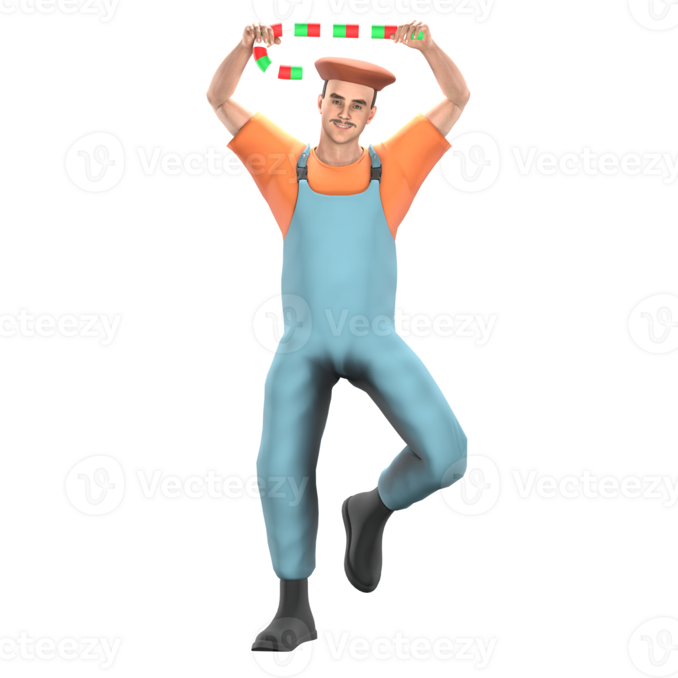 3D Male Painter Artistic .A male painter raises a red, green, and white candy cane above his head with a cheerful expression. Professional Model png