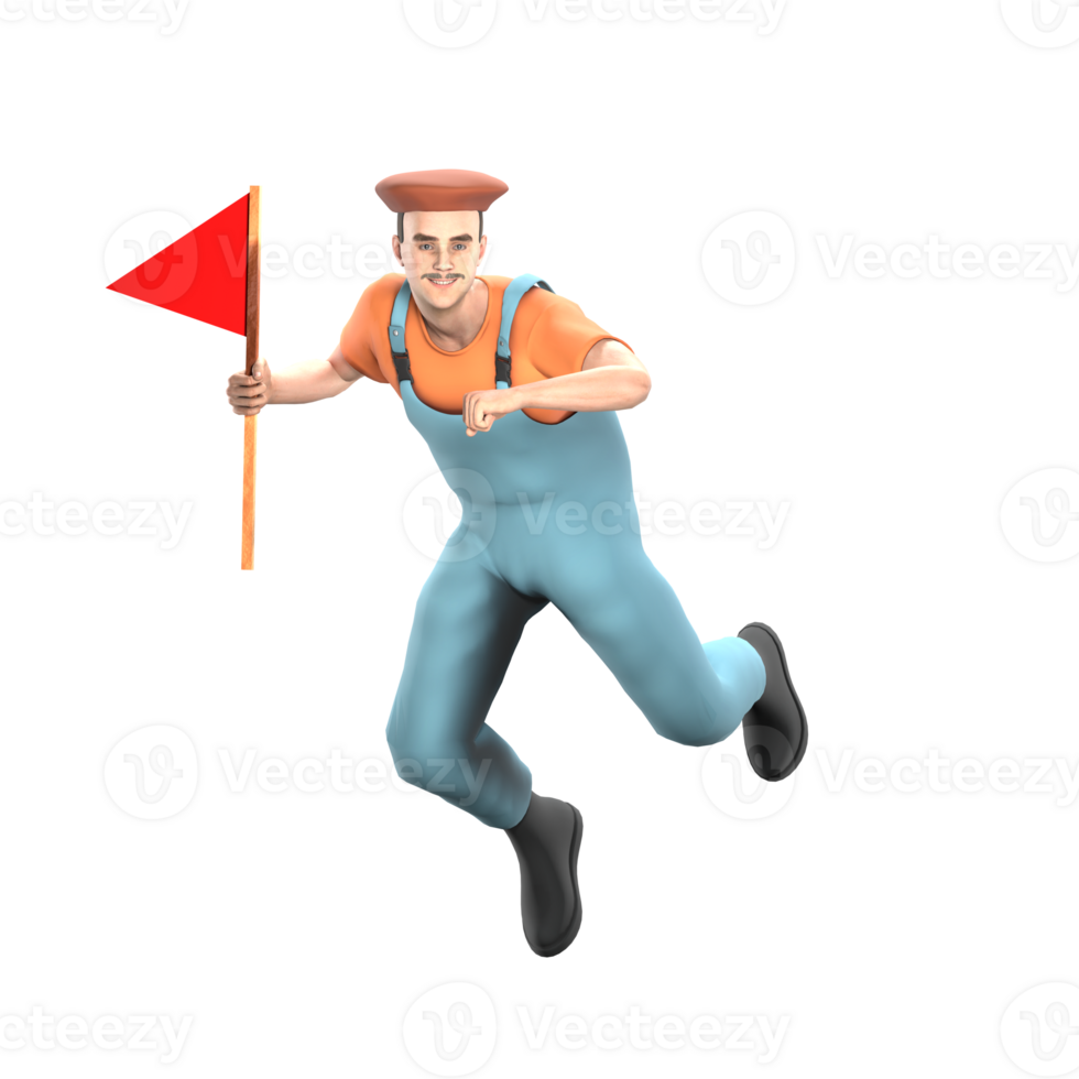 3D Male Artistic Character. A male painter jumps while carrying a red flag. Painter Professional Model png