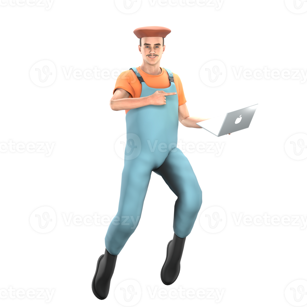 Professional Painter Character in 3D. A male painter jumps with his left hand carrying a laptop while his right hand points at the laptop. Male Model png