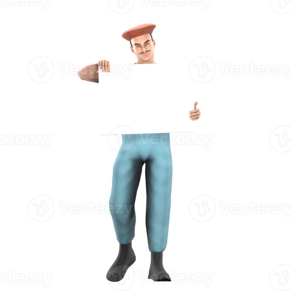 3D Art Expert Painter. A male painter stands with both hands holding the edge of the painting canvas. Cartoon Male Character png