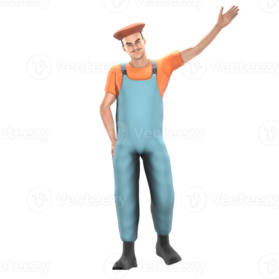 Male Artistic Painter 3D Model. A male painter stands with his right hand on his waist while his left hand is stretched out upwards with the palm facing up. Art Character png