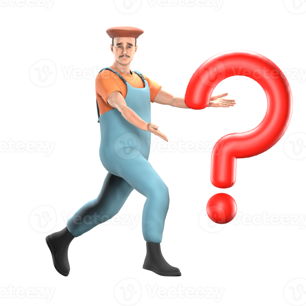 3D Illustrative Male Painter. A male painter walks with both hands open and in front of him there is a big red question mark. Artistic Professional Model png