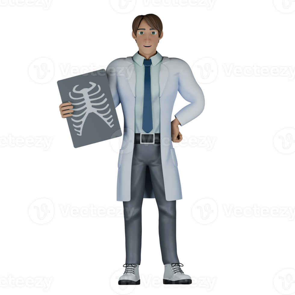Healthcare Doctor Professional in 3D. A male doctor stands with his right hand holding an X-ray result while his left hand is on his waist. Male png