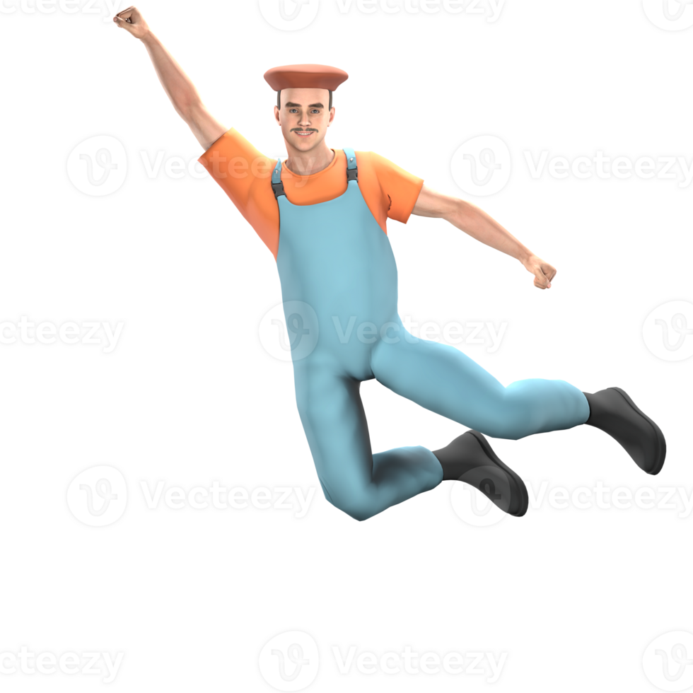Male Painter 3D Professional. A male painter jumps excitedly, with one of his hands raised up, similar to a superhero pose. Artistic Cartoon Model png