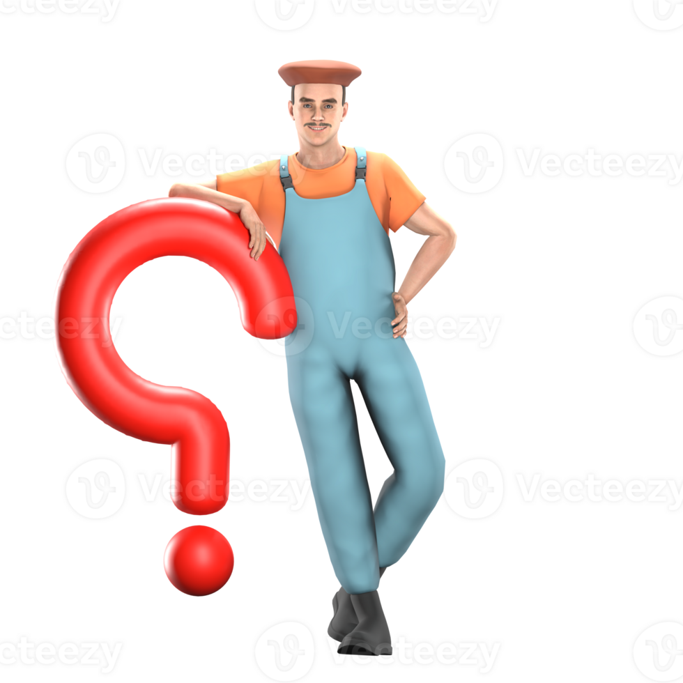 3D Urban Male. A male painter is leaning on a big red question mark with his left leg bent back. Painter Model png