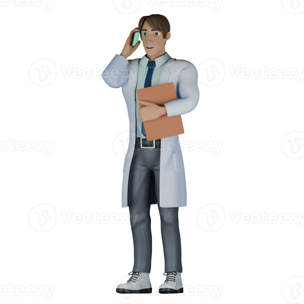 A male doctor stands with his left hand holding a clipboard while his right hand is holding a cellphone, as if he is talking to someone. 3D Male Doctor png