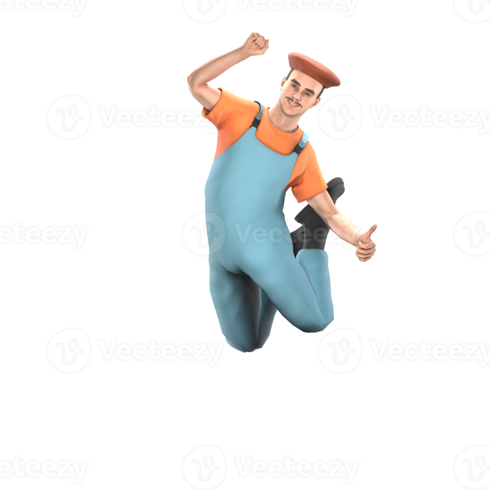 3D Male Painter in Professional Role. A male painter is jumping excitedly, raising one hand with a clenched fist and giving a thumbs up with the other. Artistic Model png