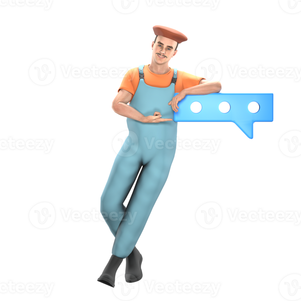 3D Model of Professional Male Painter. A male painter is standing casually, leaning on a blue dialog icon with three dots inside. Art Character png