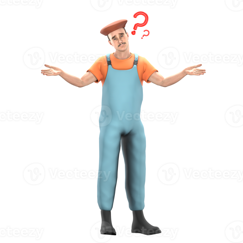 Professional 3D Male Painter. A male painter looks confused with both hands open and shoulders raised, above his head there is a red question mark. Artistic Character Model png