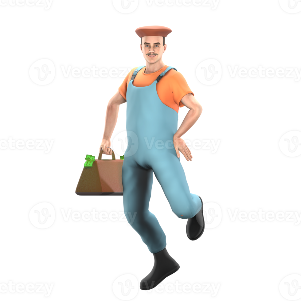 Male Painter in 3D Professional Artistic. A male painter is carrying a money bag in his right hand while his left hand is on his waist. Cartoon Model png