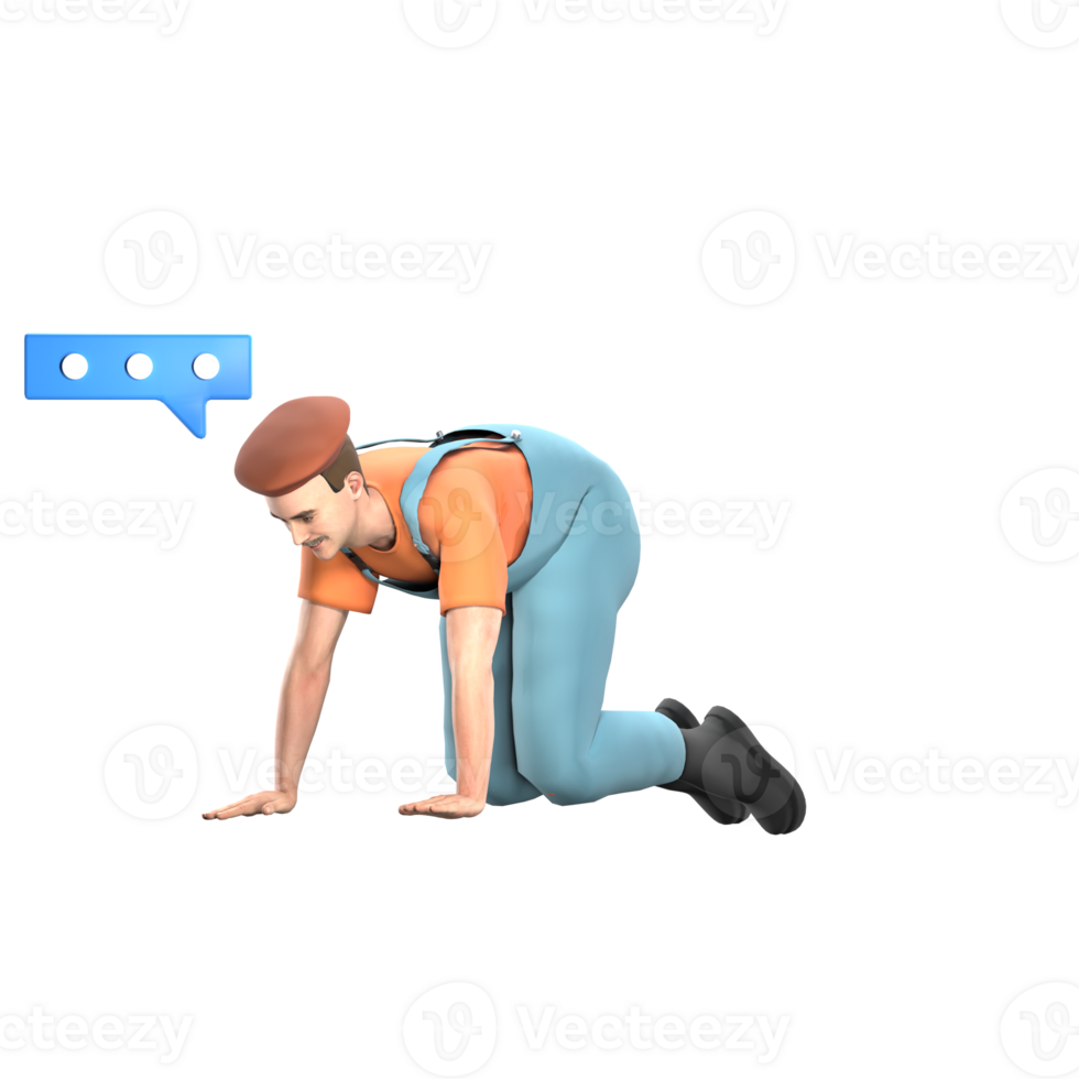 Professional 3D Artistic. A male painter is crawling as if looking for something while above his head there is a red dialog icon with three dots. Male Model png