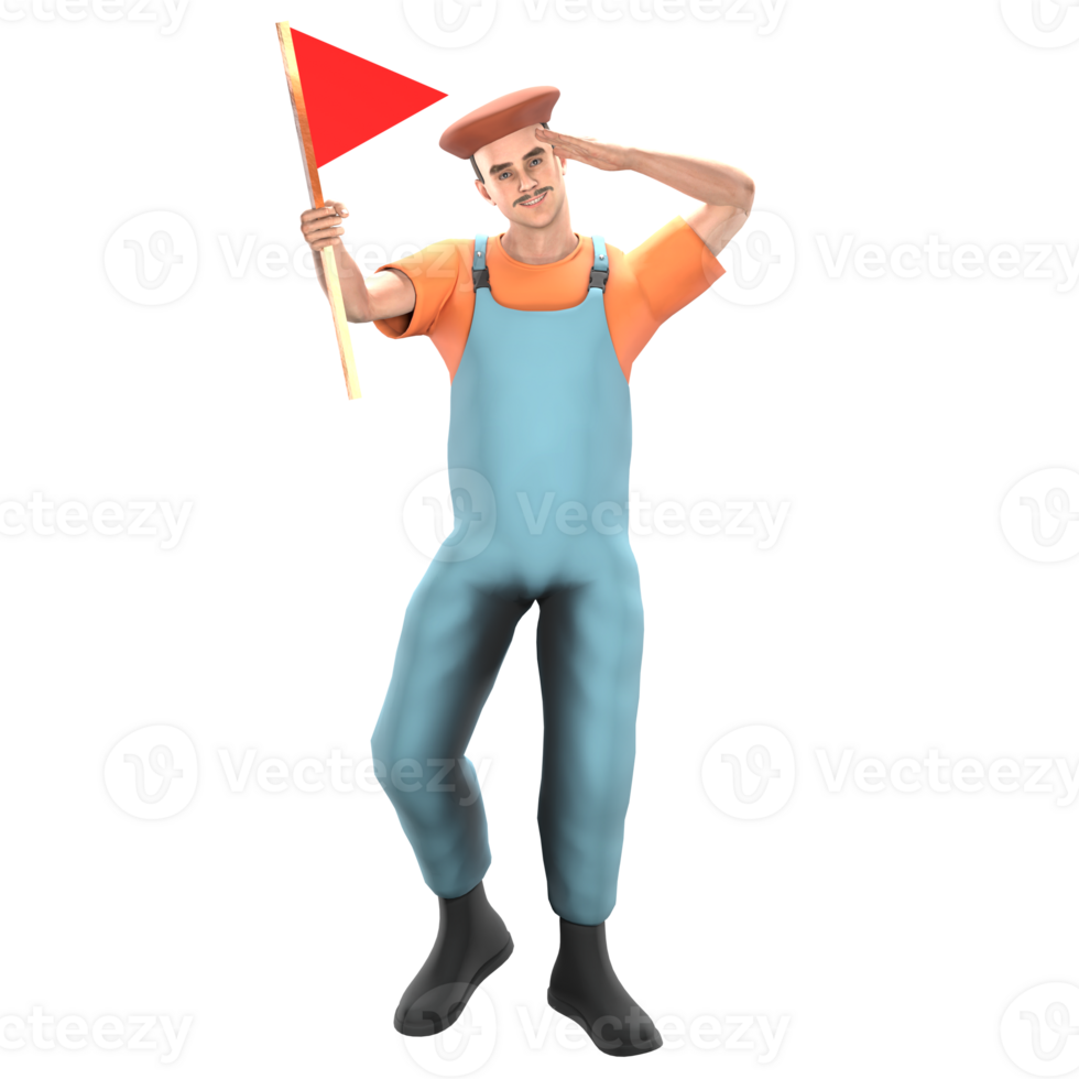 Professional Male in 3D - Painter. A male painter stands with his right hand carrying a red flag while his left hand is behind his head. Cartoon png