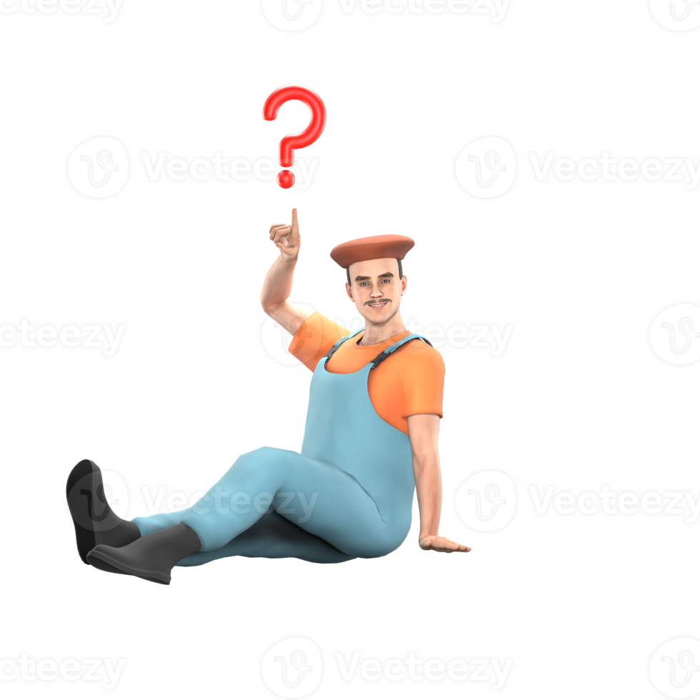 Male Painter Professional Character. A male painter is sitting with his legs straightened while his right hand points to a red question mark above his head. 3D Art Model png