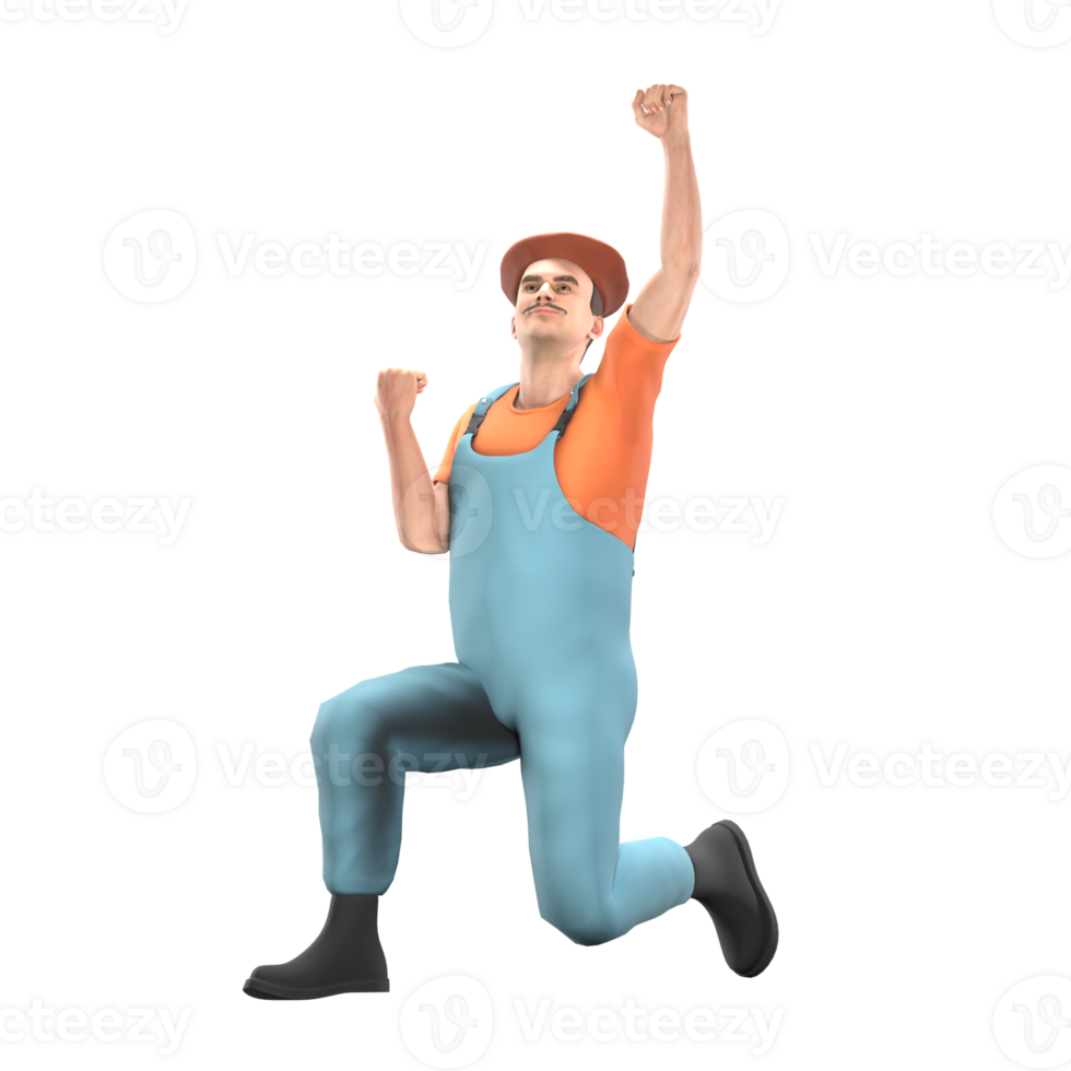 of Male Painter. A male painter kneels with both fists clenched. 3D Art Style png