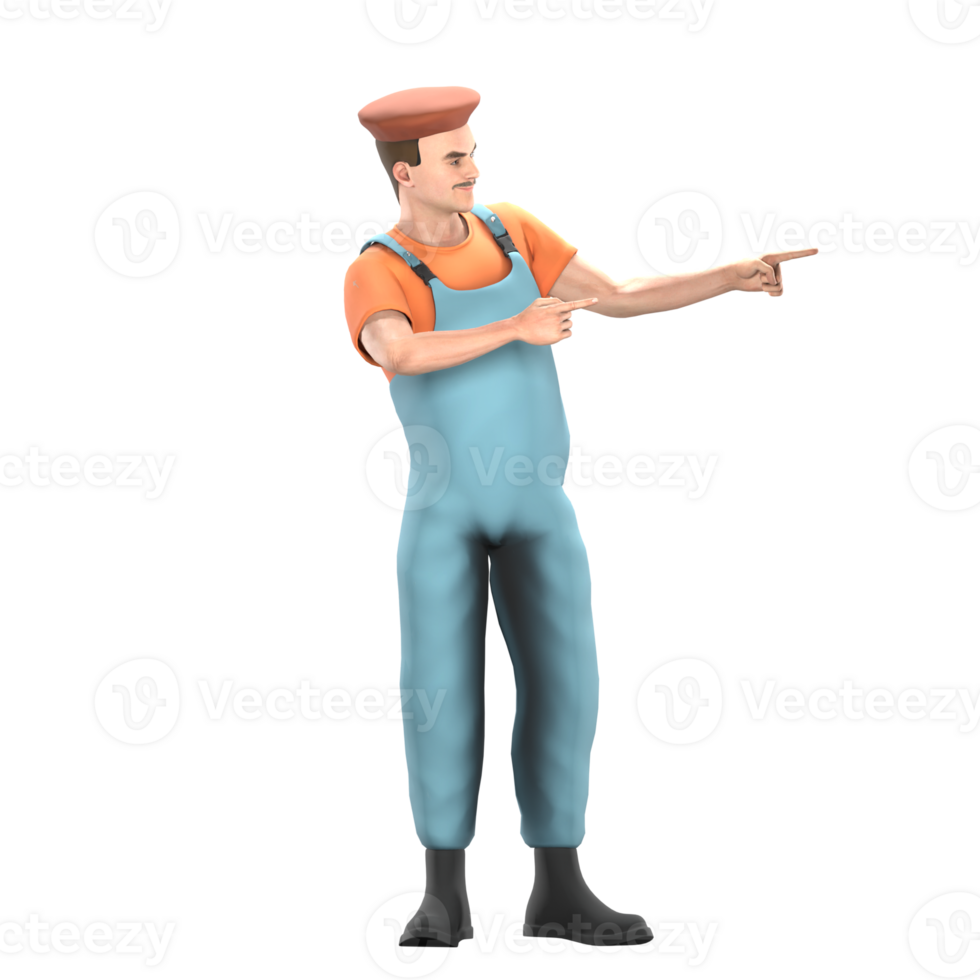 Animated Male Painter 3D. A male painter stands with his index fingers pointing to the left. Professional Art Model png