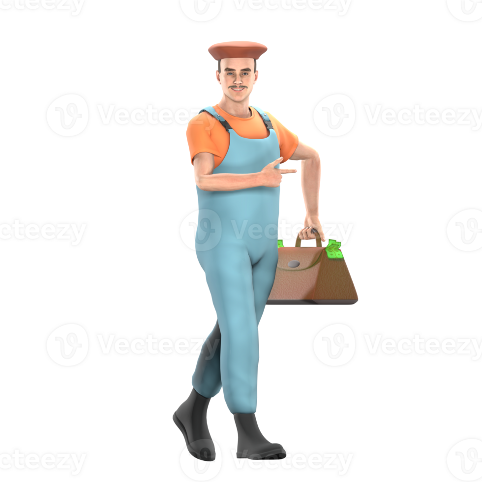 Male Professional Painter - 3D Character. A male painter walks with his left hand carrying a money bag while his right hand points to the left. Artistic Model png