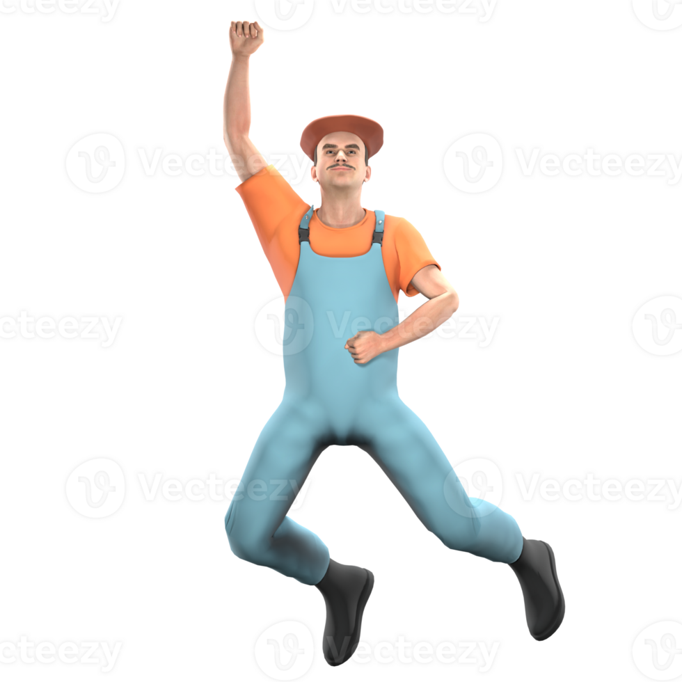 Illustrated 3D Painter. A male painter is jumping with one hand clenched upwards, showing a gesture of victory or enthusiasm. Creative Cartoon Artist png
