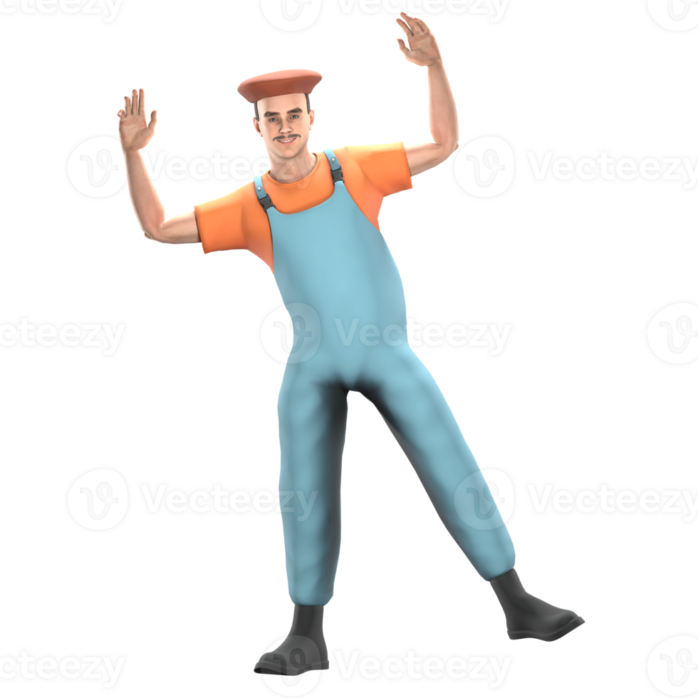 Artistic Professional Male. A male painter is standing with a happy expression and raising both his hands. 3D Painter Cartoon Model png