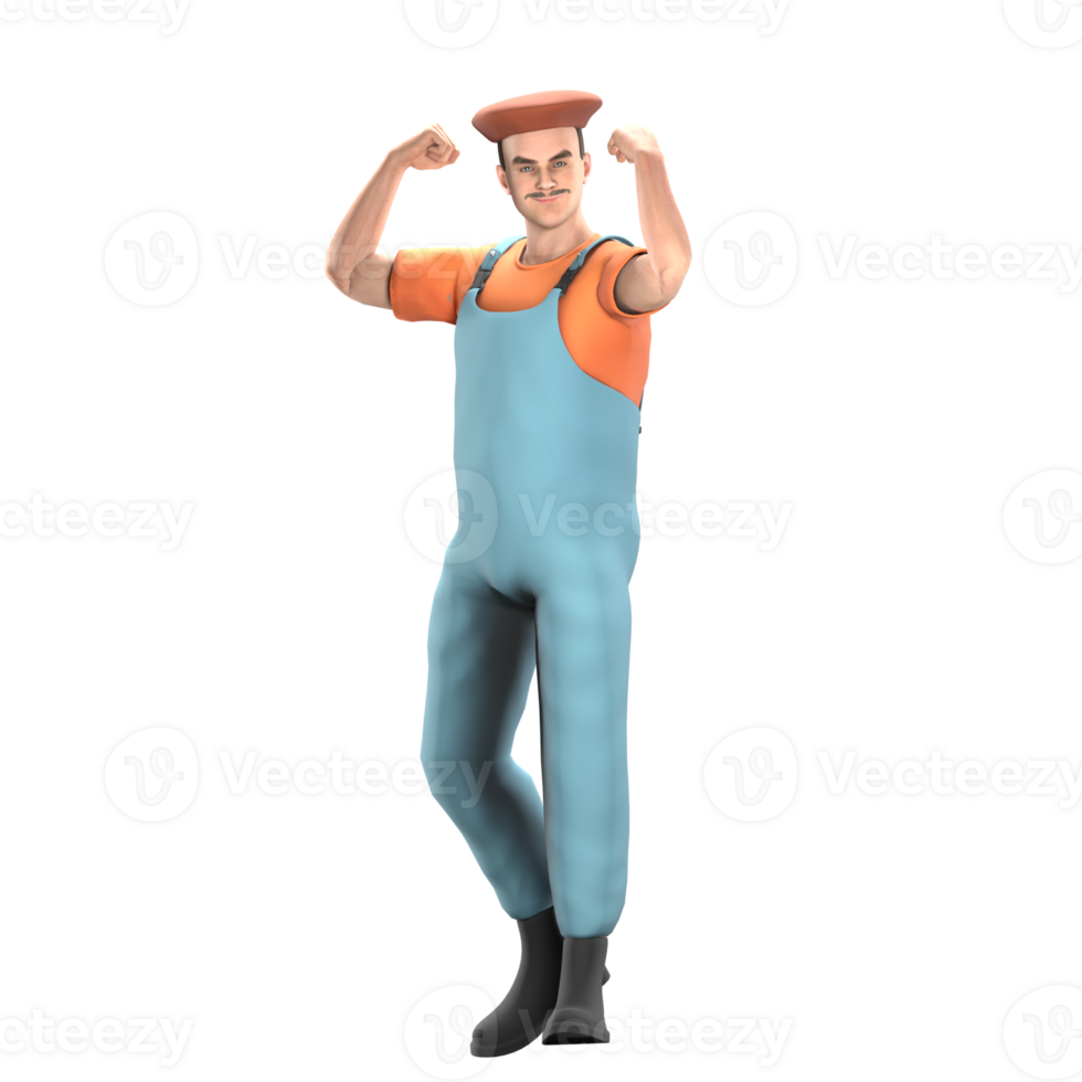 3D Professional Painter Cartoon. A male painter stands with his arms showing his muscles. Male Art Figure png