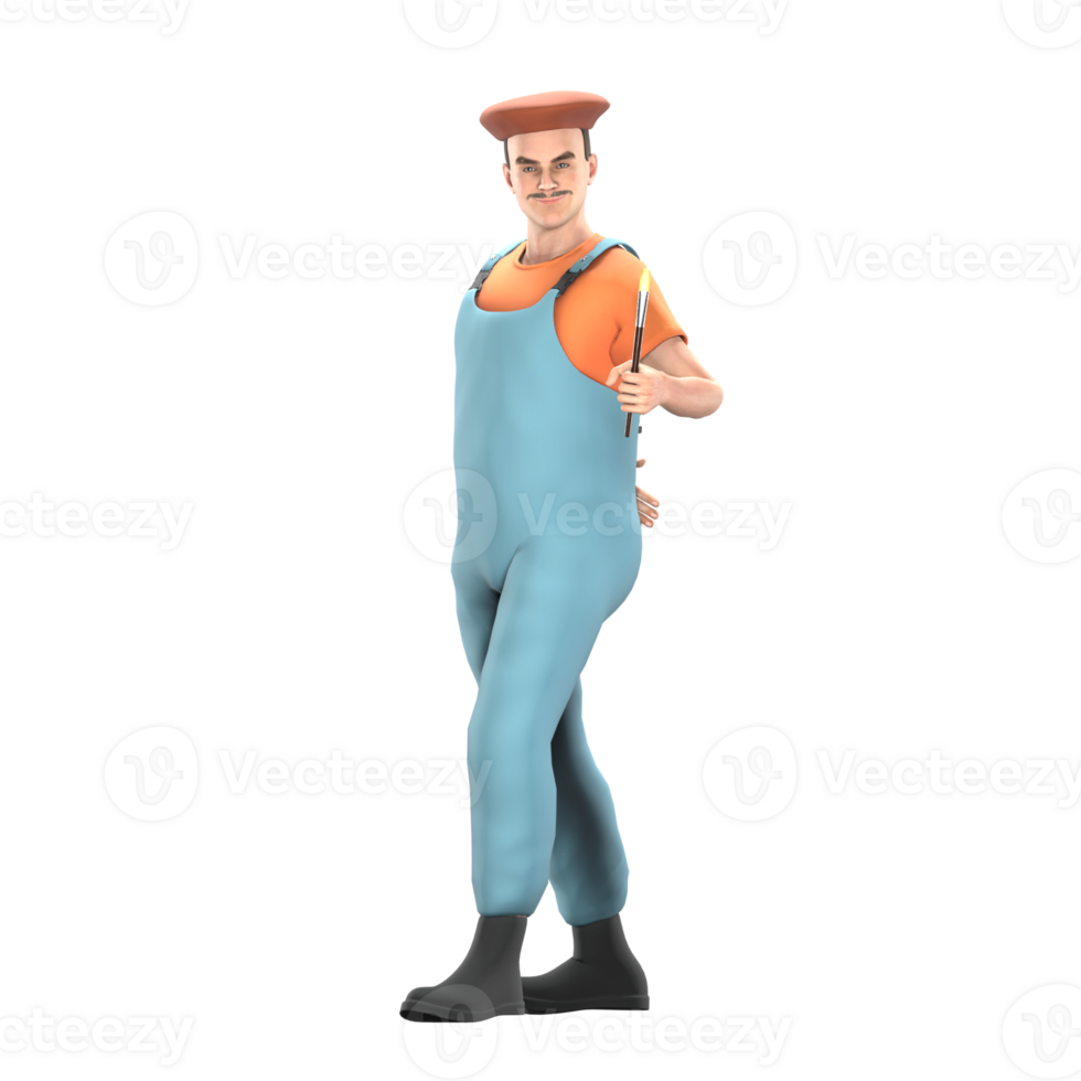 Male Painter 3D Cartoon. A male painter stands with his left hand holding a paintbrush while his right hand is bent behind his body. Artistic Environment png