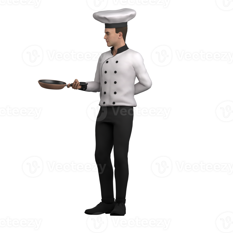 Chef Male Professional. A male chef stands with his right hand holding a frying pan while his left hand is behind. 3D Cartoon png